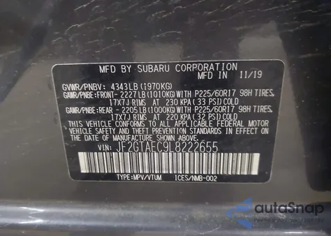 2020 Subaru Crosstrek Premium z USA, uszkodzony, nr VIN JF2GTAEC9L8222655